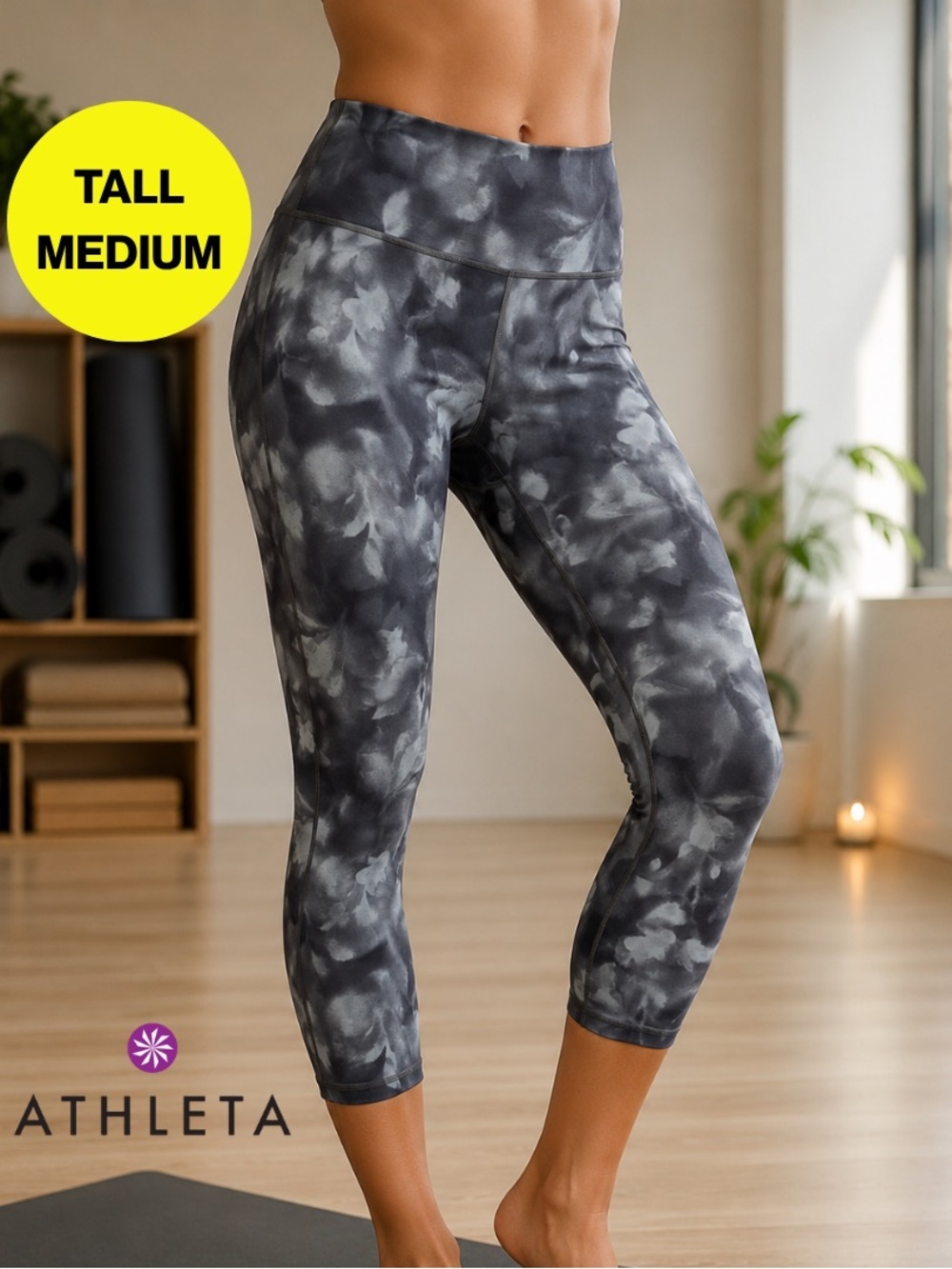 ATHLETA 🩶 “Elation” Tight Black & Gray Abstract Athletic Leggings (Medium TALL)